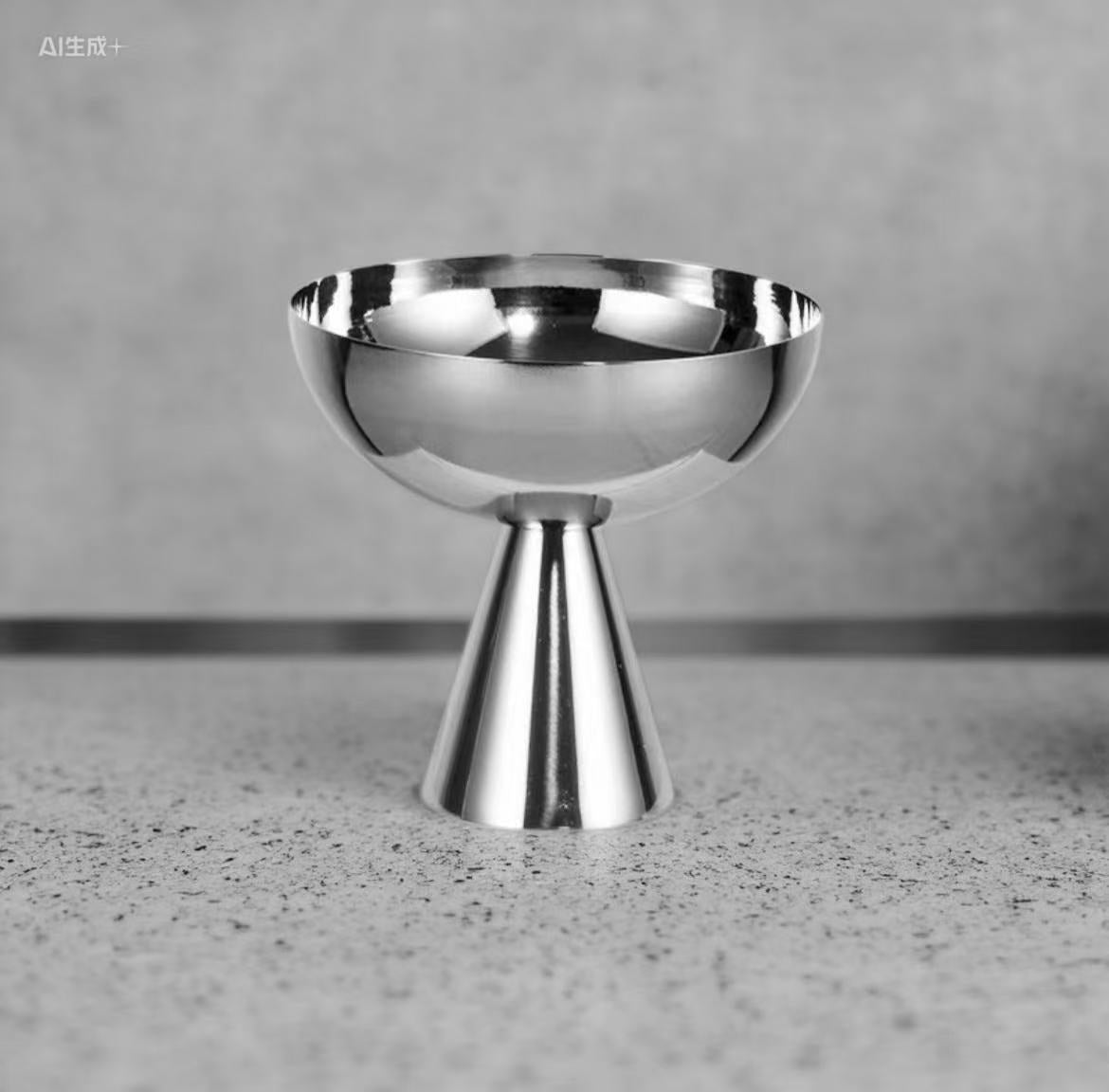 Stainless steel cocktail coup on a gray surface with a neutral background